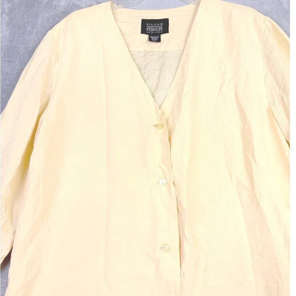 Eileen Fisher M L Yellow‎ Silk Button Front Blouse Tunic Long Sleeve Minimalist